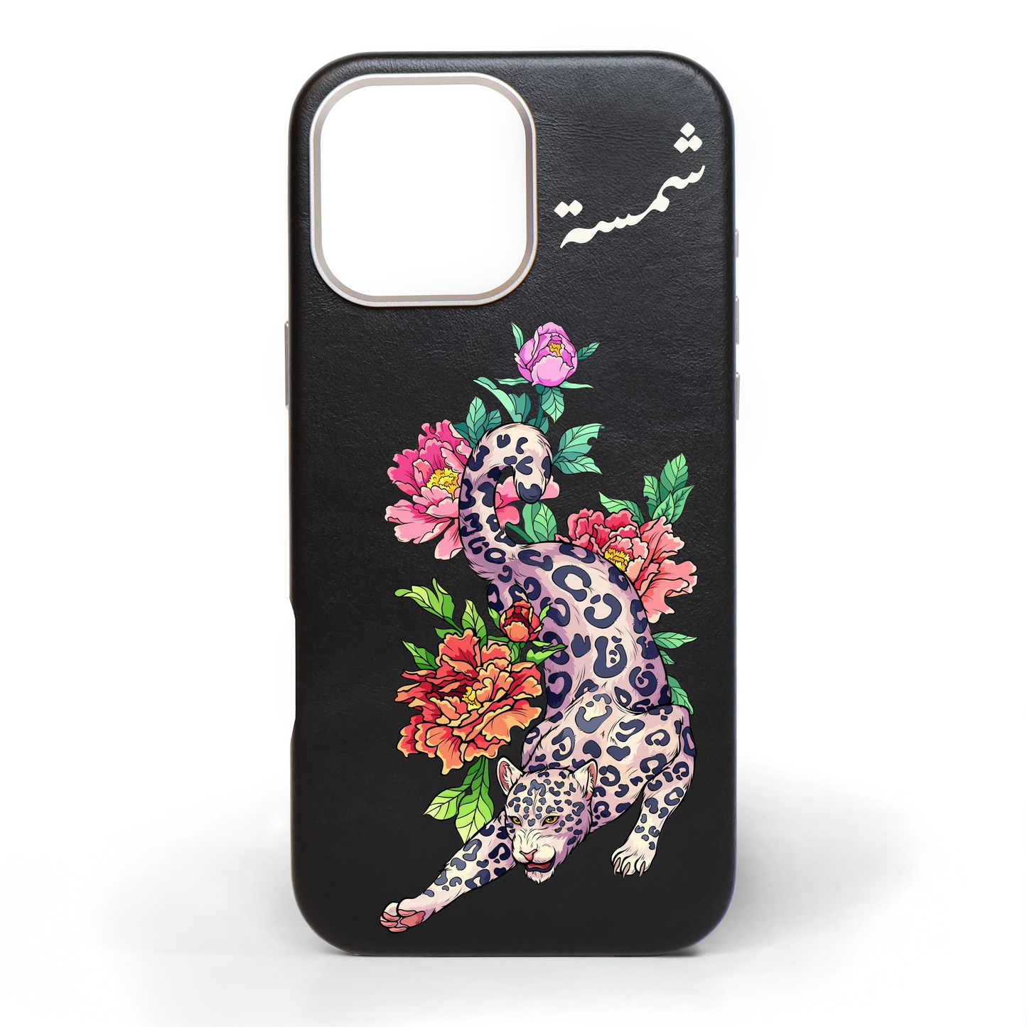 Leopard in Petals Hand-Painted Leather Phone Case