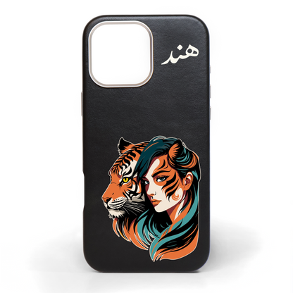 She Walks with Tigers Hand-Painted Leather Phone Case