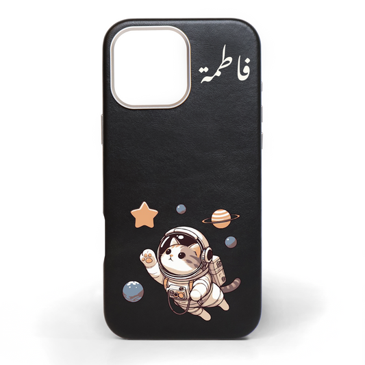 Cosmic Cat Hand-Painted Leather Phone Case