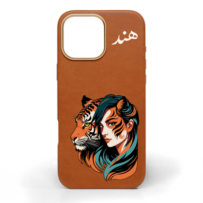 She Walks with Tigers Hand-Painted Leather Phone Case