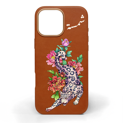 Leopard in Petals Hand-Painted Leather Phone Case