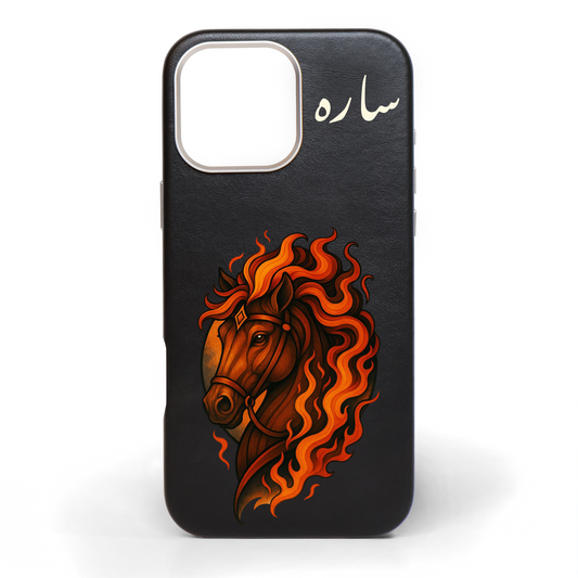 Flame Stallion Hand-Painted Leather Phone Case