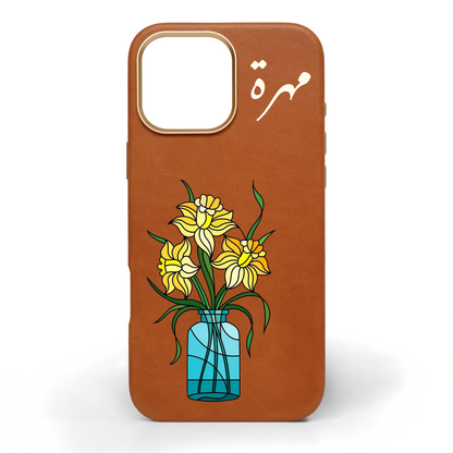 Joy and Blossoms Hand-Painted Leather Phone Case